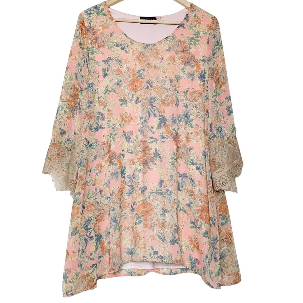 Astr Peach Floral Lace Trim Bell Sleeves Mini Dress Women's Size Small